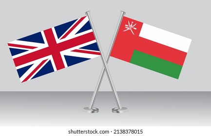 Crossed flags of United Kingdom (UK) and Oman. Official colors. Correct proportion. Banner design