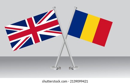 Crossed Flags Of United Kingdom (UK) And Romania. Official Colors. Correct Proportion. Banner Design