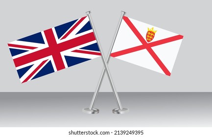 Crossed flags of United Kingdom (UK) and Jersey. Official colors. Correct proportion. Banner design