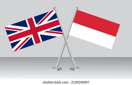 Crossed flags of United Kingdom (UK) and Indonesia. Official colors. Correct proportion. Banner design