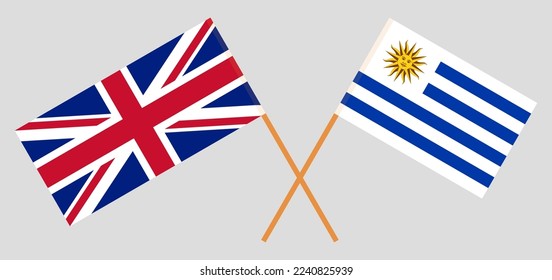 Crossed flags of United Kingdom and Uruguay. Official colors. Correct proportion. Vector illustration
