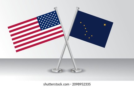Crossed flags of United State of America (USA) and State of Alaska. Official colors. Correct proportion. Banner design