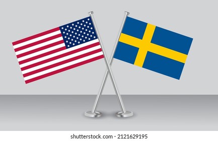 Gekreuzte Flaggen der Vereinigten Staaten von Amerika (USA) und Schwedens. Offizielle Farben. Richtiger Anteil. Banner-Design