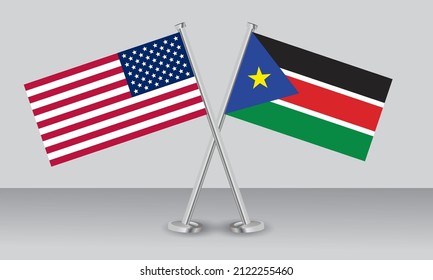 Crossed flags of United State of America (USA) and South Sudan. Official colors. Correct proportion. Banner design