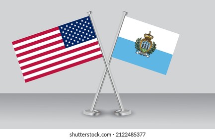 Crossed flags of United State of America (USA) and San Marino. Official colors. Correct proportion. Banner design