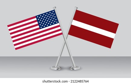 Crossed flags of United State of America (USA) and Latvia. Official colors. Correct proportion. Banner design