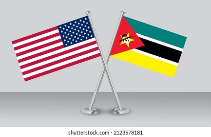 Crossed flags of United State of America (USA) and Mozambique. Official colors. Correct proportion. Banner design