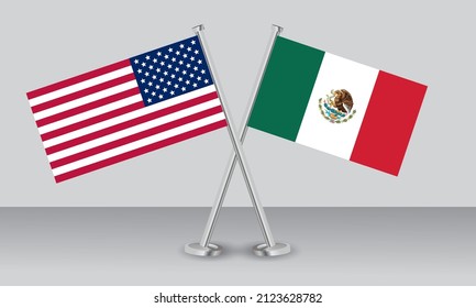 Banderas cruzadas de los Estados Unidos de América (EE.UU.) y México. Colores oficiales. Proporción correcta. Diseño de pancartas