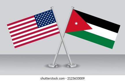 Crossed flags of United State of America (USA) and Jordan. Official colors. Correct proportion. Banner design