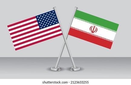Crossed flags of United State of America (USA) and Iran. Official colors. Correct proportion. Banner design