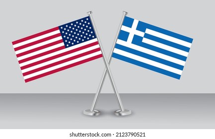 Crossed flags of United State of America (USA) and Greece. Official colors. Correct proportion. Banner design