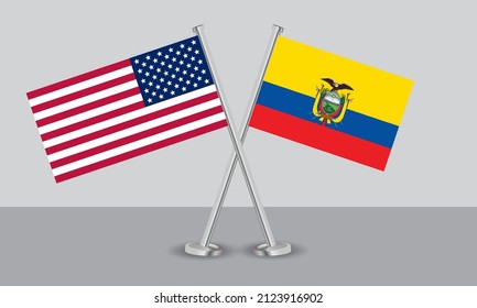 Crossed flags of United State of America (USA) and Ecuador. Official colors. Correct proportion. Banner design