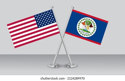 Crossed flags of United State of America (USA) and Belize. Official colors. Correct proportion. Banner design