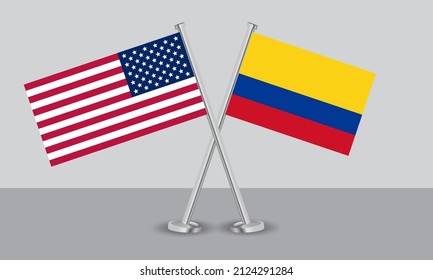 Crossed flags of United State of America (USA) and Colombia. Official colors. Correct proportion. Banner design