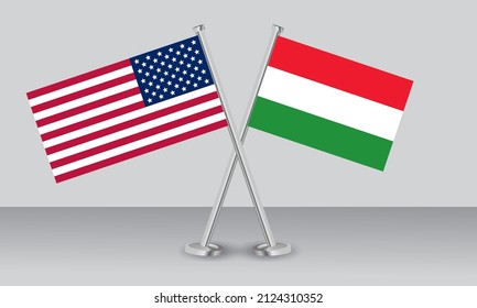 Crossed flags of United State of America (USA) and Hungary. Official colors. Correct proportion. Banner design