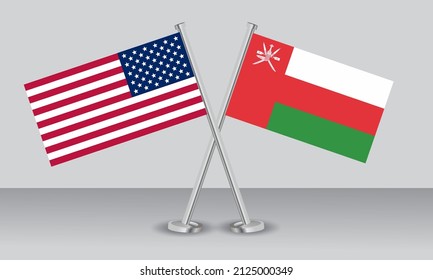 Crossed flags of United State of America (USA) and Oman. Official colors. Correct proportion. Banner design