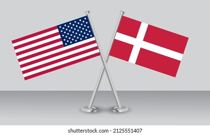 Crossed flags of United State of America (USA) and Denmark. Official colors. Correct proportion. Banner design