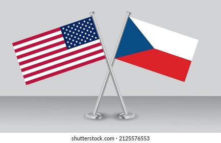 Crossed flags of United State of America (USA) and Czech Republic (Czechia). Official colors. Correct proportion. Banner design