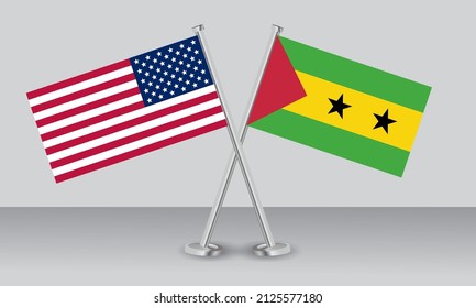 Crossed flags of United State of America (USA) and Sao Tome and Principe. Official colors. Correct proportion. Banner design