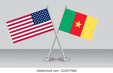 Crossed flags of United State of America (USA) and Cameroon. Official colors. Correct proportion. Banner design