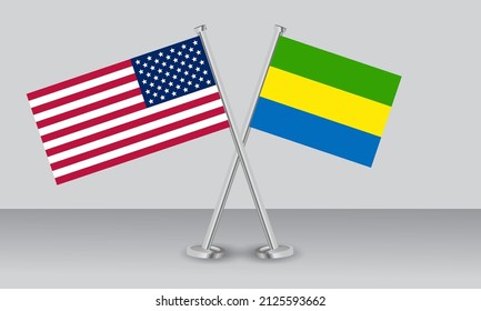 Crossed flags of United State of America (USA) and Gabon. Official colors. Correct proportion. Banner design