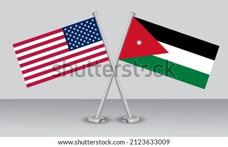Crossed flags of United State of America (USA) and Jordan. Official colors. Correct proportion. Banner design