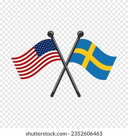 Crossed flags of United States of America and Sweden. Vector illustration of national symbols.