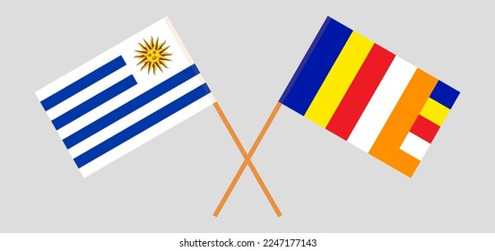 Crossed flags of Uruguay and Buddhism. Official colors. Correct proportion. Vector illustration
