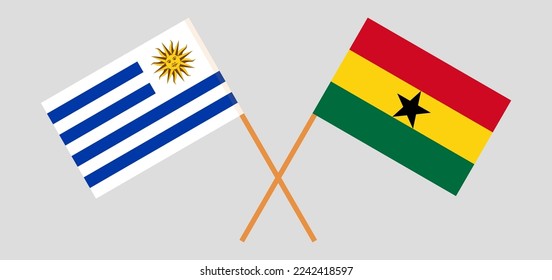 Crossed flags of Uruguay and Ghana. Official colors. Correct proportion. Vector illustration
