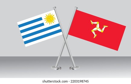 Überquerte Flaggen von Uruguay und Isle of Man. Offizielle Farben. Richtiger Anteil. Banner-Design