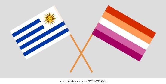 Crossed flags of Uruguay and Lesbian Pride. Official colors. Correct proportion. Vector illustration
