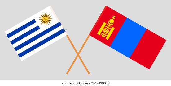 Crossed flags of Uruguay and Mongolia. Official colors. Correct proportion. Vector illustration
