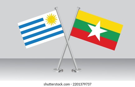 Crossed flags of Uruguay and Myanmar. Official colors. Correct proportion. Banner design