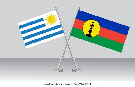Crossed flags of Uruguay and New Caledonia. Official colors. Correct proportion. Banner design
