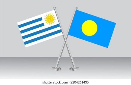 Crossed flags of Uruguay and Palau. Official colors. Correct proportion. Banner design