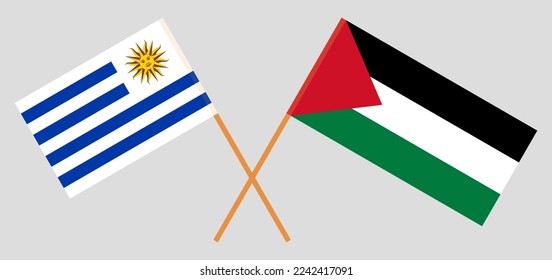 Crossed flags of Uruguay and Palestine. Official colors. Correct proportion. Vector illustration
