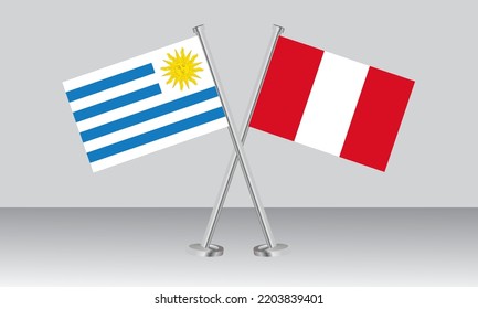Überkreuzte Flaggen von Uruguay und Peru. Offizielle Farben. Richtiger Anteil. Banner-Design