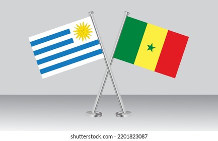 Banderas cruzadas de Uruguay y Senegal. Colores oficiales. Proporción correcta. Diseño de pancartas
