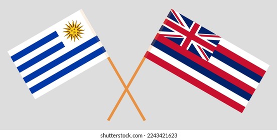 Crossed flags of Uruguay and The State Of Hawaii. Official colors. Correct proportion. Vector illustration
