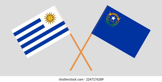 Crossed flags of Uruguay and The State of Nevada. Official colors. Correct proportion. Vector illustration
