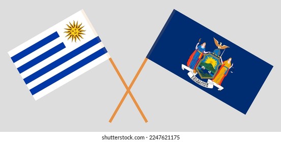 Crossed flags of Uruguay and The State of New York. Official colors. Correct proportion. Vector illustration
