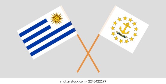Banderas cruzadas de Uruguay y el Estado de la Isla Rhode. Colores oficiales. Proporción correcta. Ilustración del vector
