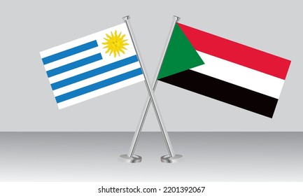 Banderas cruzadas de Uruguay y Sudán. Colores oficiales. Proporción correcta. Diseño de pancartas