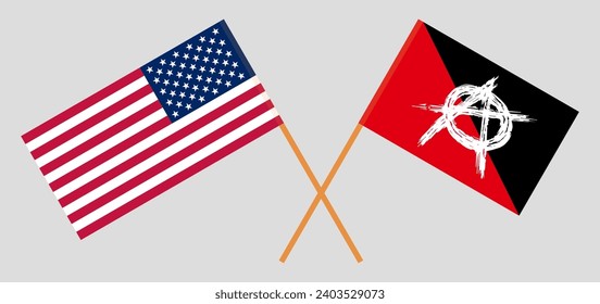 Crossed flags of the USA and anarchy. Official colors. Correct proportion. Vector illustration
