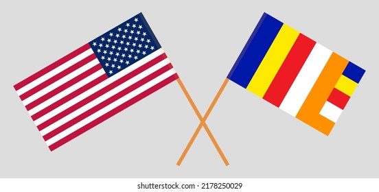 Crossed flags of the USA and Buddhism. Official colors. Correct proportion. Vector illustration

