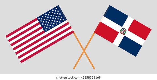 Crossed flags of the USA and Dominican Republic. Official colors. Correct proportion. Vector illustration
