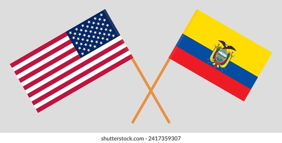 Crossed flags of the USA and Ecuador. Official colors. Correct proportion. Vector illustration
