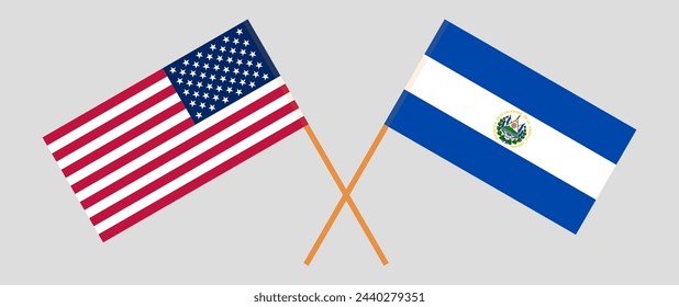 Crossed flags of the USA and El Salvador. Official colors. Correct proportion. Vector illustration
