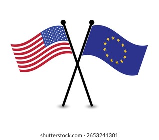 Crossed flags of the USA and EU or Europe, symbolizing international relations.