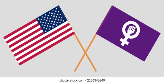 Crossed flags of the USA and Feminism. Official colors. Correct proportion. Vector illustration
